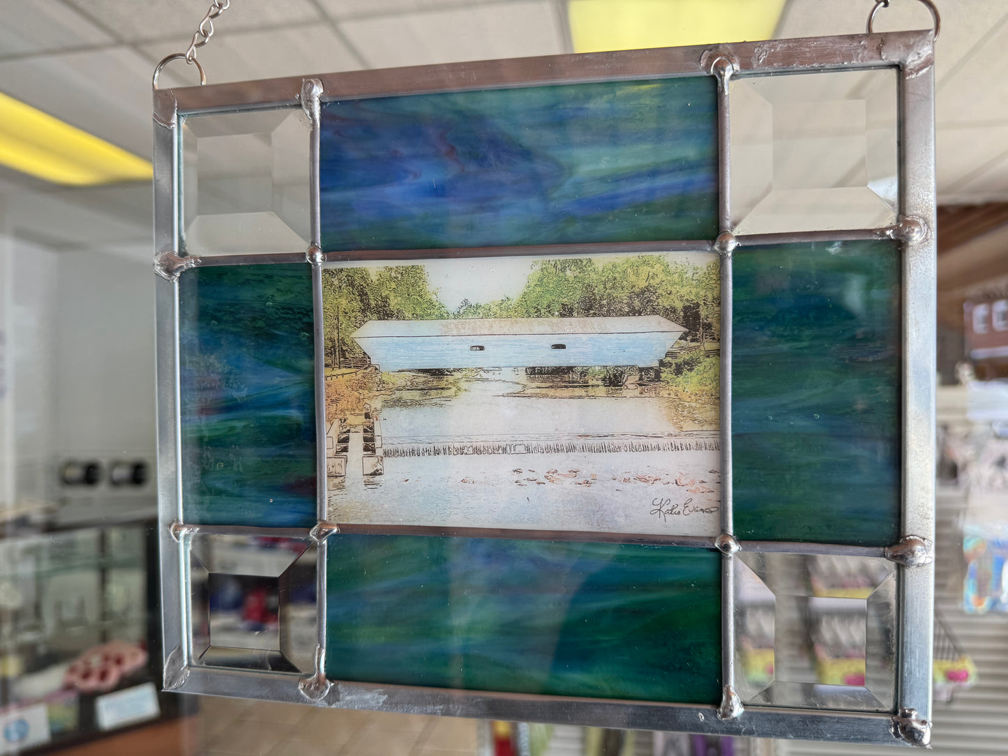 Covered Bridge Small Stained Glass Panel